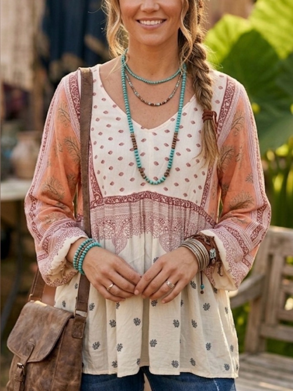 Sundance Patterned Rayon Tunic Top Keyhole Back M